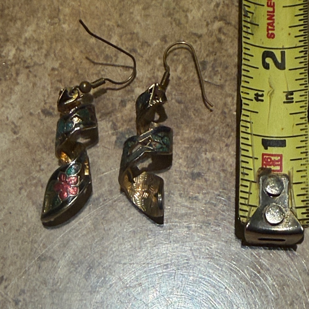 Vintage Colorful Gold and Floral Spiral Earrings - Picture 5 of 6